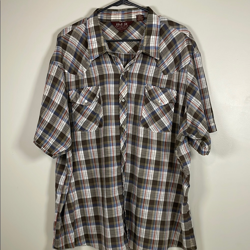 Vintage BJ-R Brown Plaid Western‎ Pearl Button And Pocket Short Sleeve 3XL Shirt